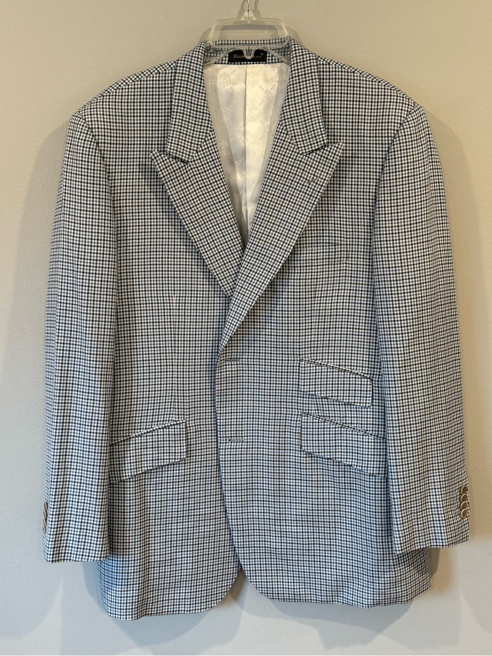 Eddia Beverly Hills Mens 2 Btn Silk Blend Blue Plaid Peak Lapel Blazer Sz 44R